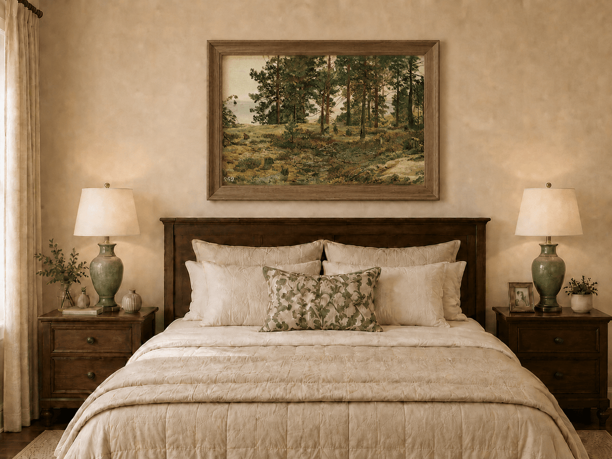 Framed hand-painted forest edge oil painting with an open distant countryside view displayed above a wooden bed in a neutral bedroom.