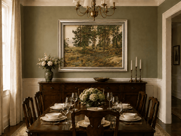 Framed hand-painted forest edge oil painting with an open distant countryside view displayed above a formal dining table.