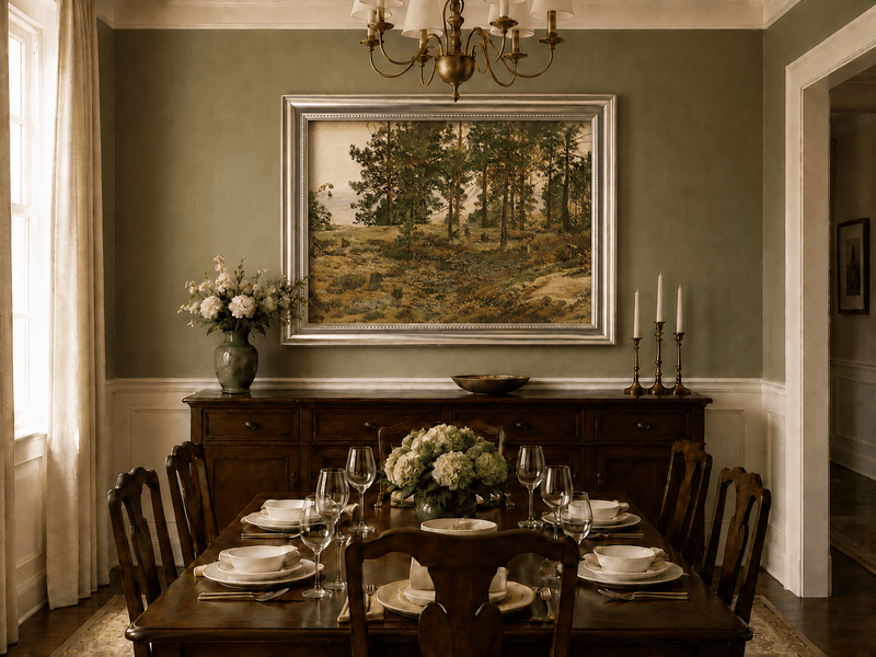 Framed hand-painted forest edge oil painting with an open distant countryside view displayed above a formal dining table.