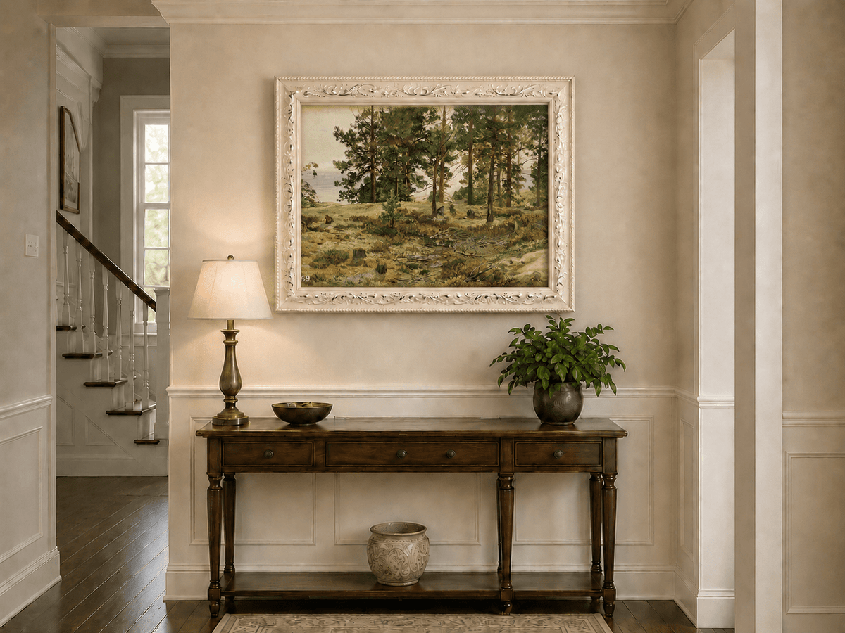 Framed hand-painted forest edge oil painting with an open distant countryside view displayed above an entryway console table.