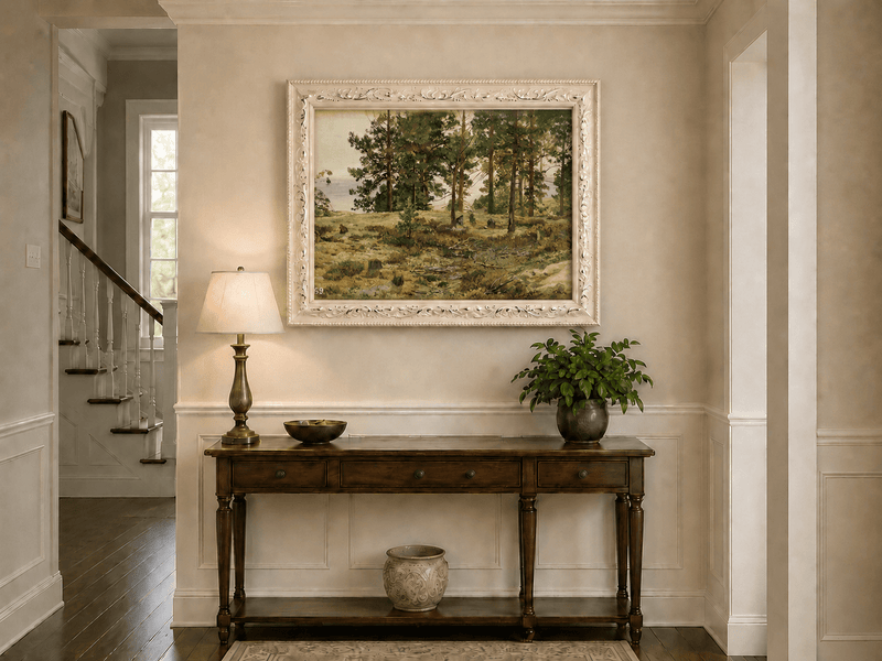Framed hand-painted forest edge oil painting with an open distant countryside view displayed above an entryway console table.