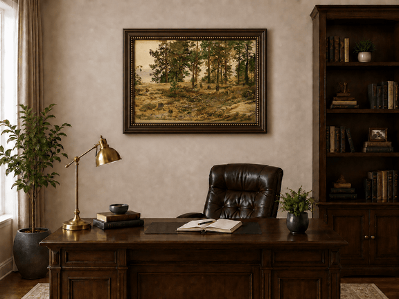 Framed hand-painted forest edge oil painting with an open distant countryside view displayed above a traditional home office desk.