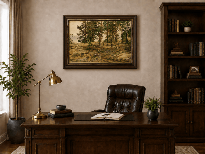 Framed hand-painted forest edge oil painting with an open distant countryside view displayed above a traditional home office desk.