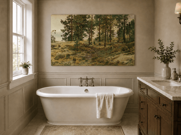 Unframed hand-painted forest edge oil painting with an open distant countryside view displayed above a freestanding bathtub.