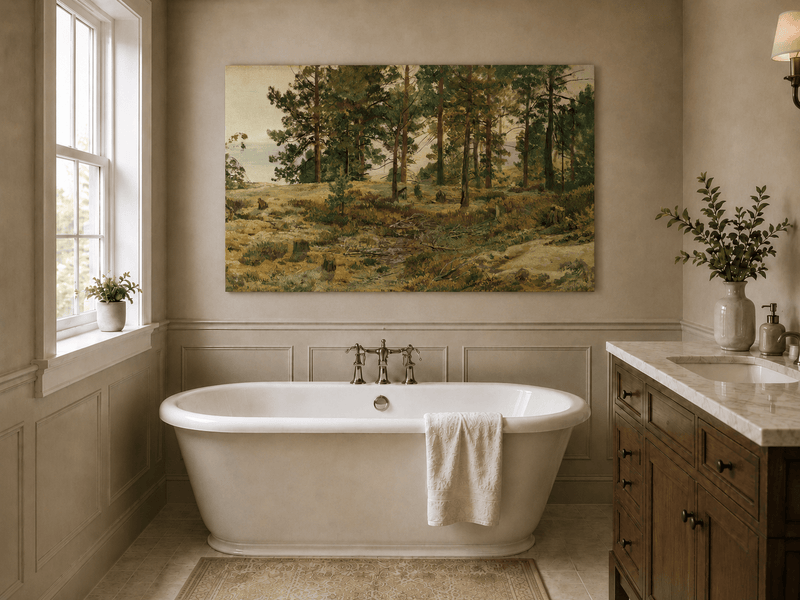 Unframed hand-painted forest edge oil painting with an open distant countryside view displayed above a freestanding bathtub.