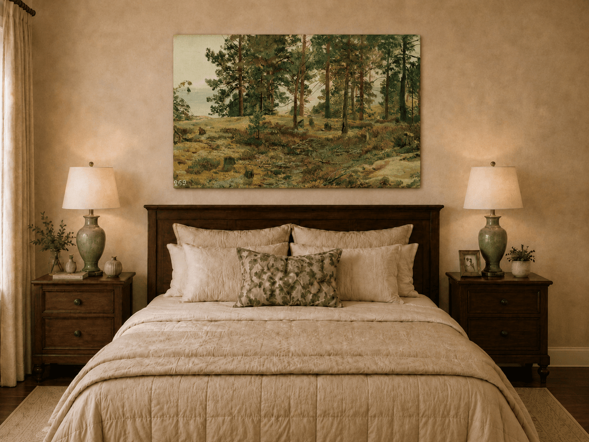 Unframed hand-painted forest edge oil painting with an open distant countryside view displayed above a wooden bed in a neutral bedroom.