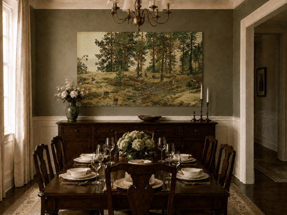 Unframed hand-painted forest edge oil painting with an open distant countryside view displayed above a formal dining table.