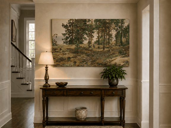 Unframed hand-painted forest edge oil painting with an open distant countryside view displayed above an entryway console table.