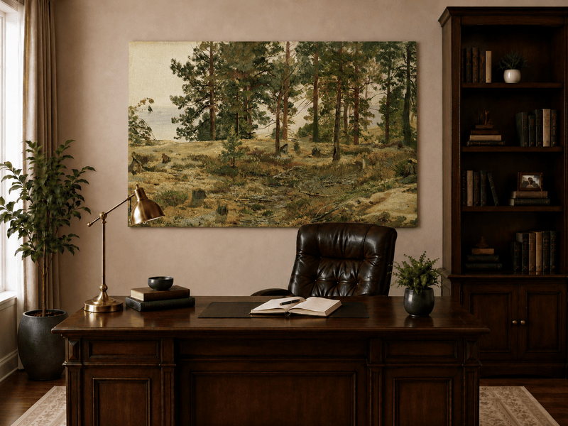 Unframed hand-painted forest edge oil painting with an open distant countryside view displayed above a traditional home office desk.