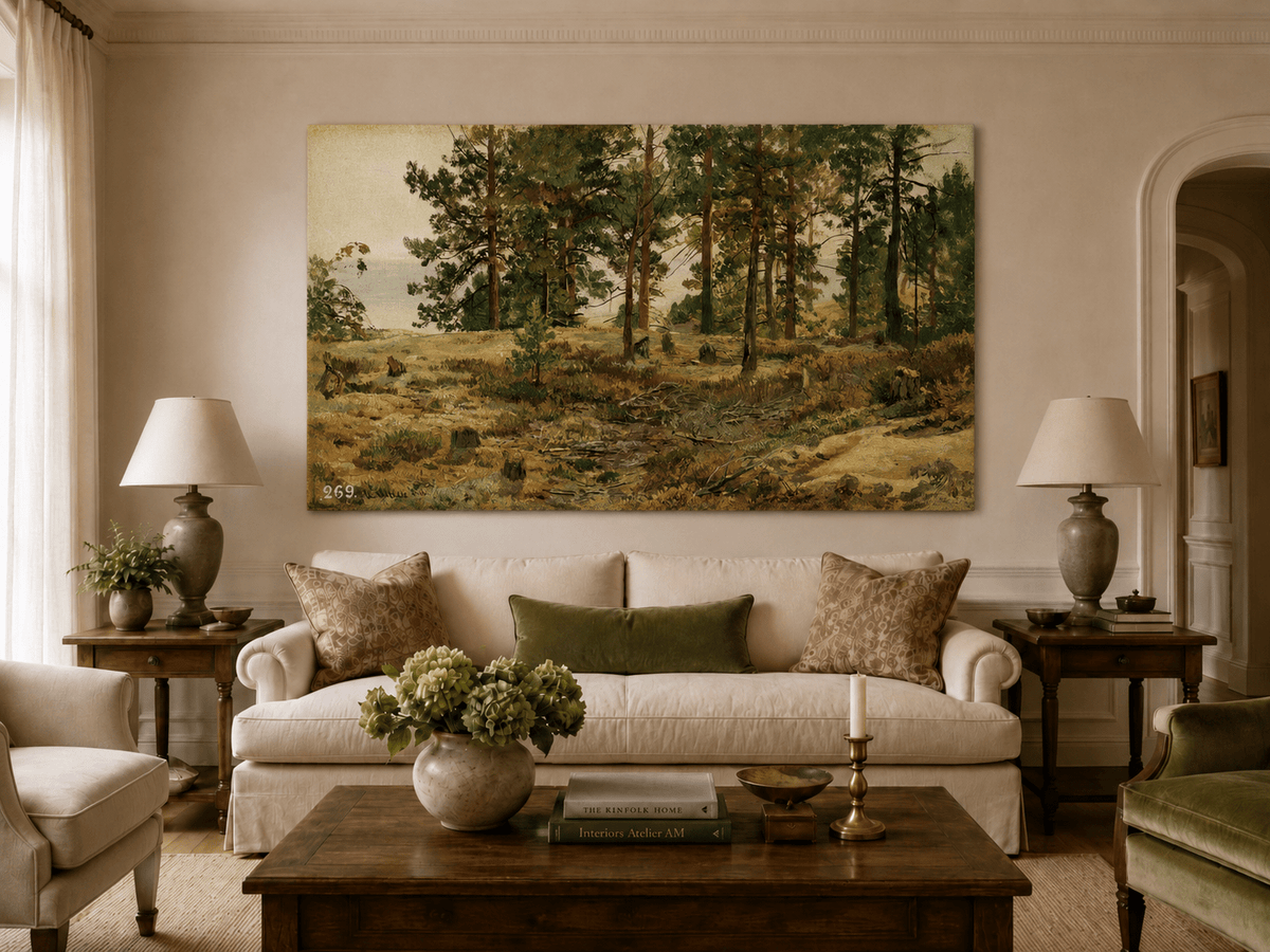 Unframed hand-painted forest edge oil painting with an open distant countryside view displayed above a neutral living room sofa.