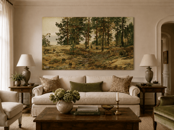 Unframed hand-painted forest edge oil painting with an open distant countryside view displayed above a neutral living room sofa.