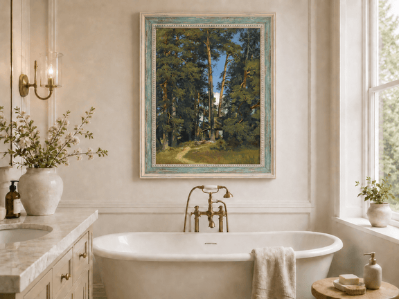 Framed hand-painted pine forest oil painting with a small elevated cabin among tall trees displayed above a freestanding bathtub.