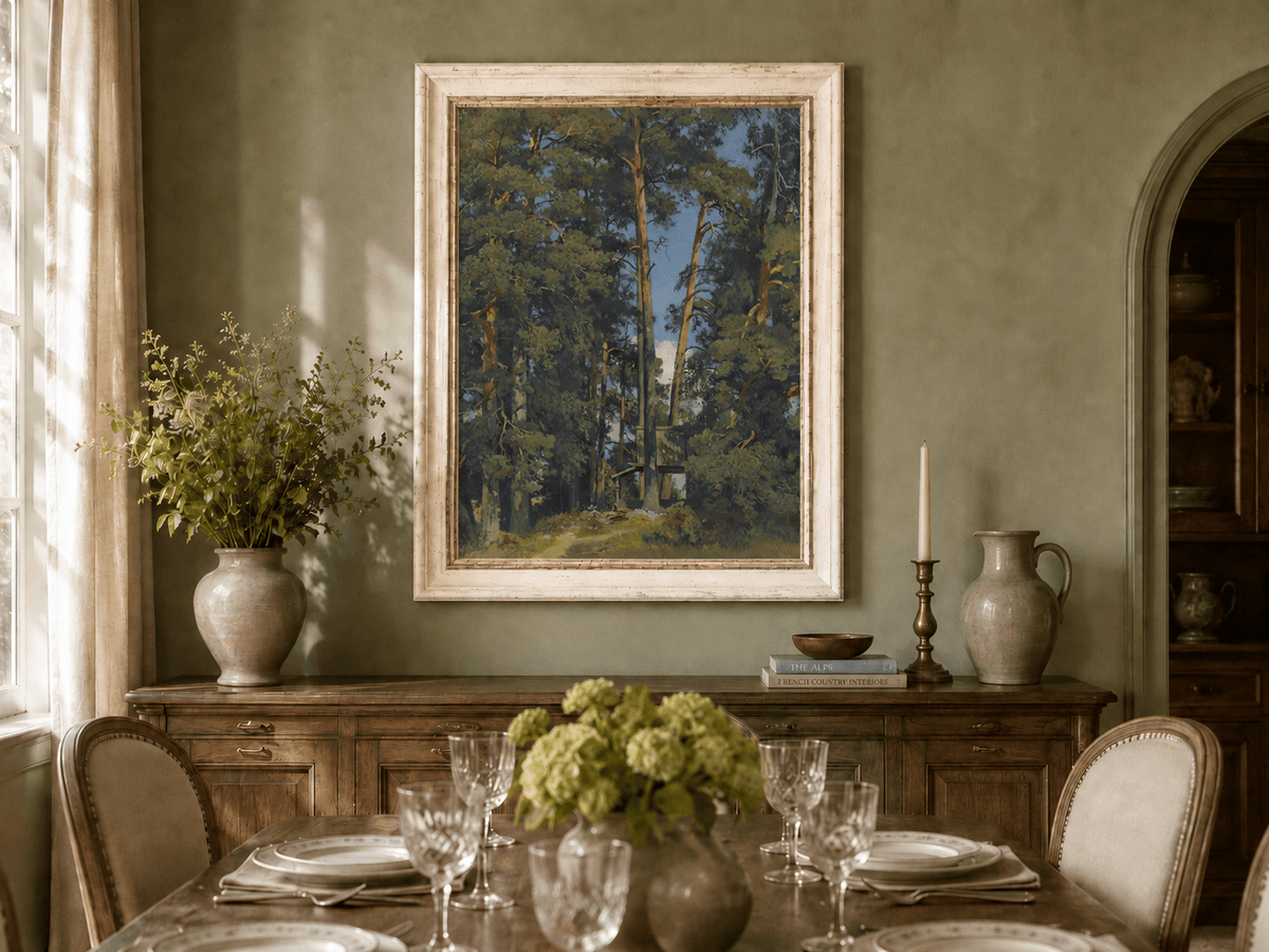 Framed hand-painted pine forest oil painting with a small elevated cabin among tall trees displayed above a formal dining table.