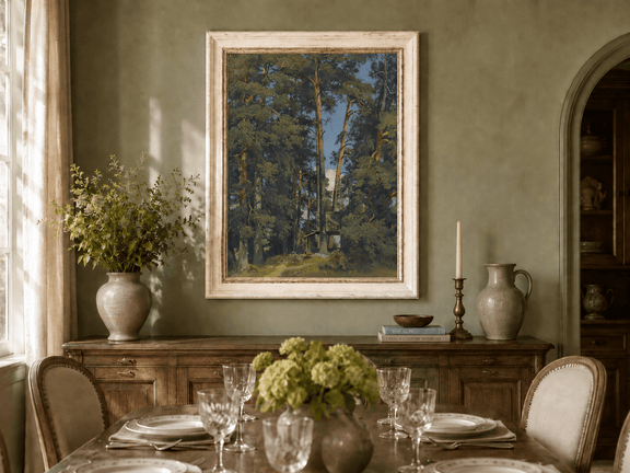 Framed hand-painted pine forest oil painting with a small elevated cabin among tall trees displayed above a formal dining table.