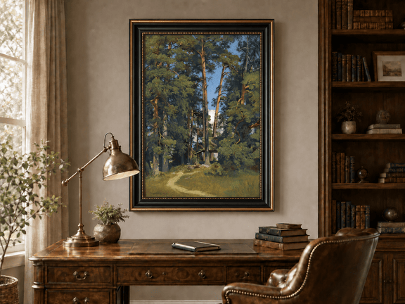 Framed hand-painted pine forest oil painting with a small elevated cabin among tall trees displayed above a traditional home office desk.