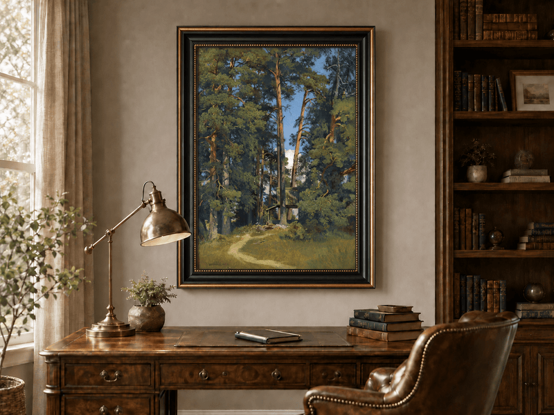Framed hand-painted pine forest oil painting with a small elevated cabin among tall trees displayed above a traditional home office desk.