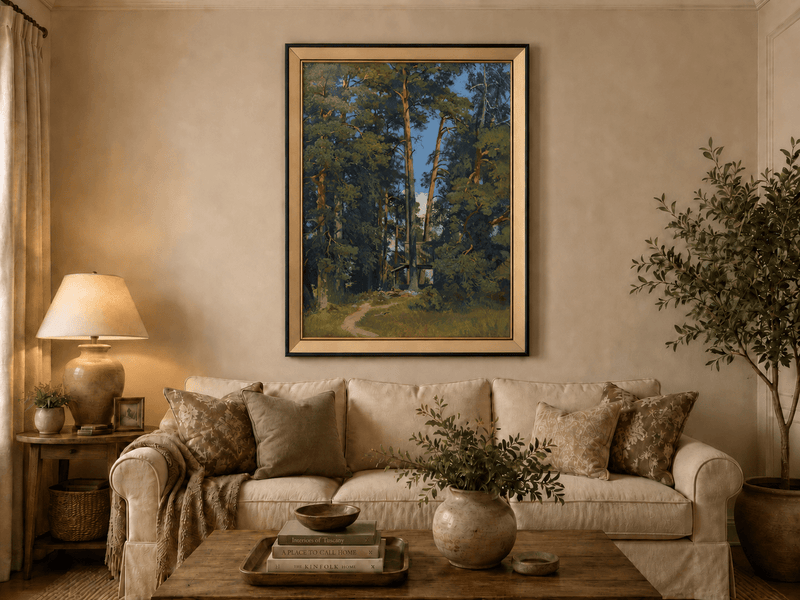 Framed hand-painted pine forest oil painting with a small elevated cabin among tall trees displayed above a neutral living room sofa.