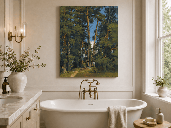 Unframed hand-painted pine forest oil painting with a small elevated cabin among tall trees displayed above a freestanding bathtub.