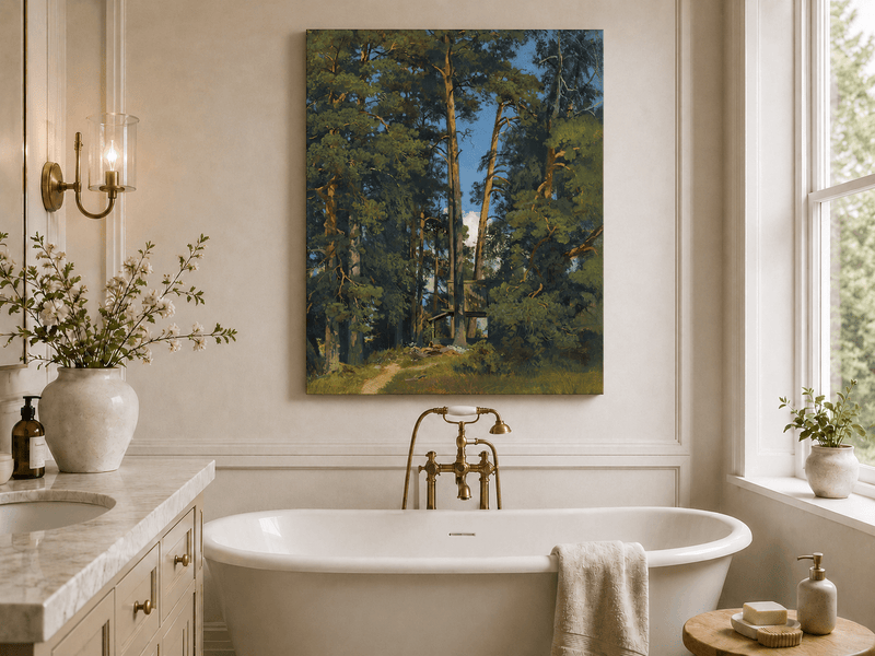 Unframed hand-painted pine forest oil painting with a small elevated cabin among tall trees displayed above a freestanding bathtub.