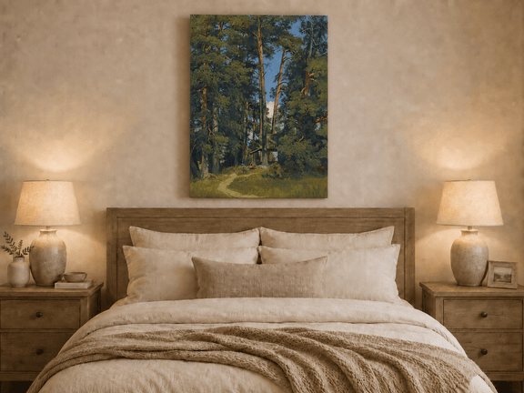 Unframed hand-painted pine forest oil painting with a small elevated cabin among tall trees displayed above a wooden bed in a neutral bedroom.
