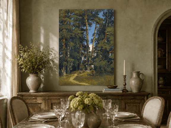 Unframed hand-painted pine forest oil painting with a small elevated cabin among tall trees displayed above a formal dining table.