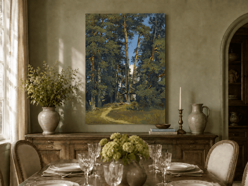 Unframed hand-painted pine forest oil painting with a small elevated cabin among tall trees displayed above a formal dining table.