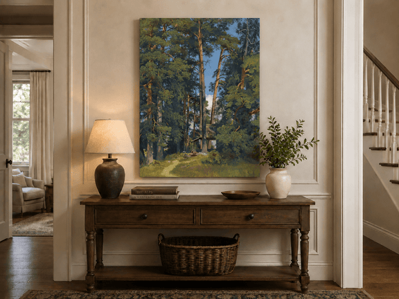 Unframed hand-painted pine forest oil painting with a small elevated cabin among tall trees displayed above an entryway console table.