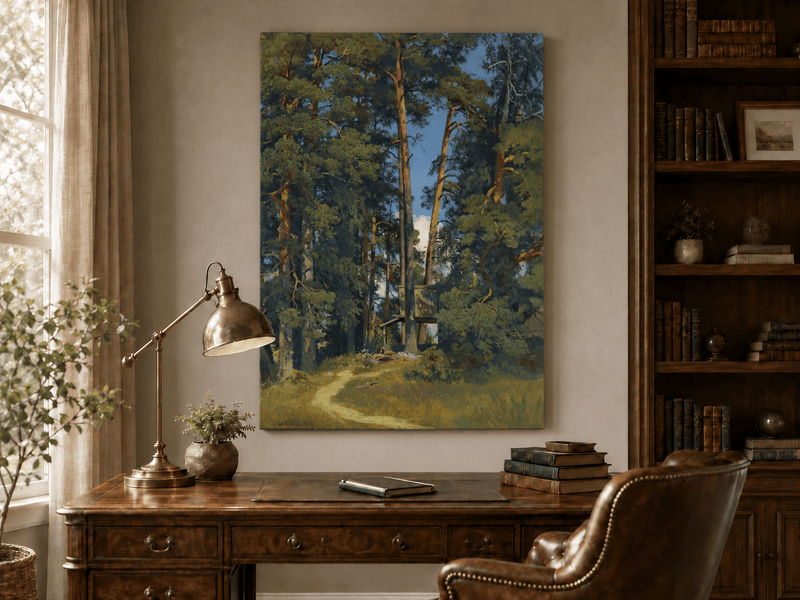 Unframed hand-painted pine forest oil painting with a small elevated cabin among tall trees displayed above a traditional home office desk.