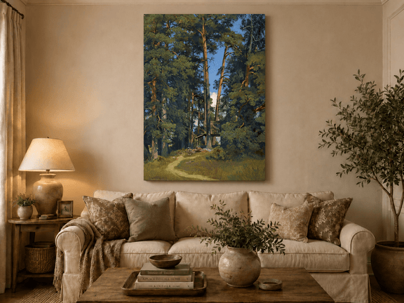 Unframed hand-painted pine forest oil painting with a small elevated cabin among tall trees displayed above a neutral living room sofa.