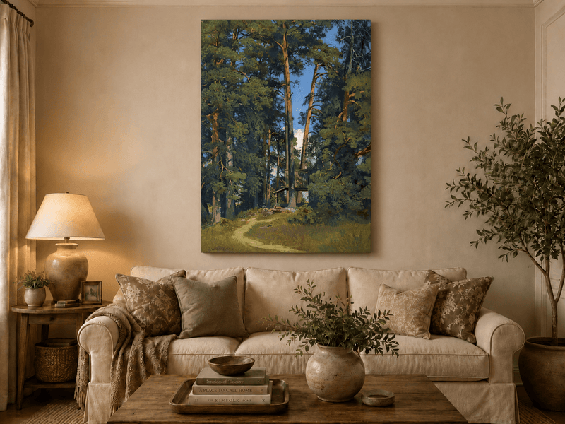Unframed hand-painted pine forest oil painting with a small elevated cabin among tall trees displayed above a neutral living room sofa.