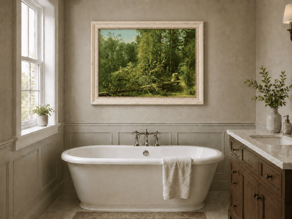 Framed hand-painted woodland oil painting with a fallen tree in a sunlit forest displayed above a freestanding bathtub.