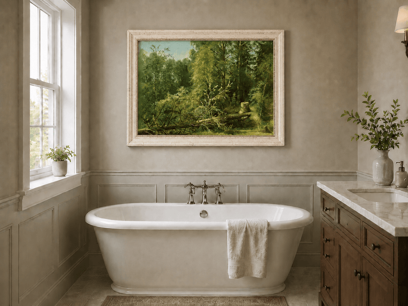 Framed hand-painted woodland oil painting with a fallen tree in a sunlit forest displayed above a freestanding bathtub.
