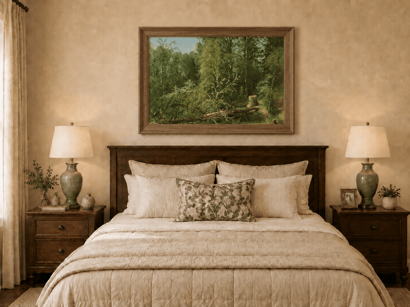 Framed hand-painted woodland oil painting with a fallen tree in a sunlit forest displayed above a wooden bed in a neutral bedroom.