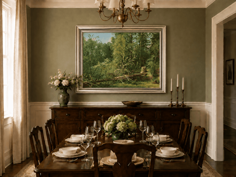 Framed hand-painted woodland oil painting with a fallen tree in a sunlit forest displayed above a formal dining table.