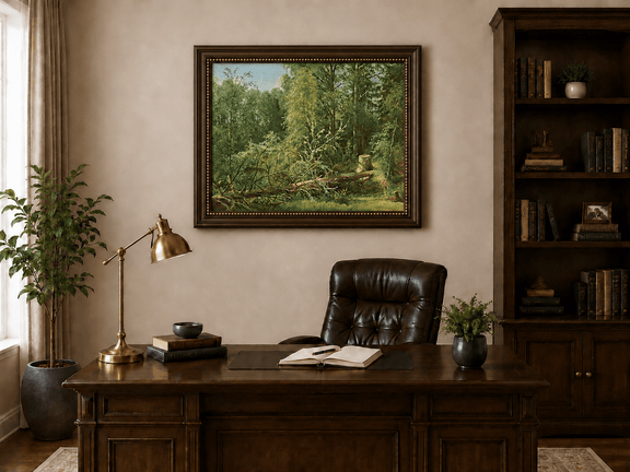 Framed hand-painted woodland oil painting with a fallen tree in a sunlit forest displayed above a traditional home office desk.