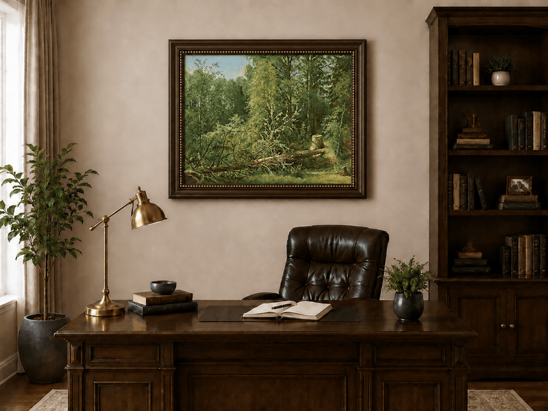 Framed hand-painted woodland oil painting with a fallen tree in a sunlit forest displayed above a traditional home office desk.