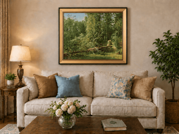 Framed hand-painted woodland oil painting with a fallen tree in a sunlit forest displayed above a neutral living room sofa.