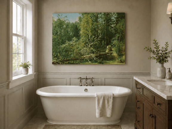 Unframed hand-painted woodland oil painting with a fallen tree in a sunlit forest displayed above a freestanding bathtub.