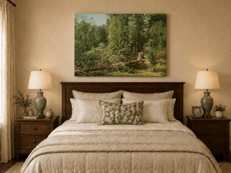 Unframed hand-painted woodland oil painting with a fallen tree in a sunlit forest displayed above a wooden bed in a neutral bedroom.