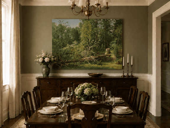 Unframed hand-painted woodland oil painting with a fallen tree in a sunlit forest displayed above a formal dining table.