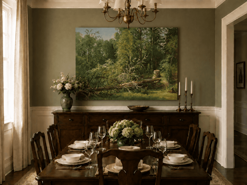 Unframed hand-painted woodland oil painting with a fallen tree in a sunlit forest displayed above a formal dining table.