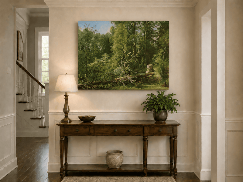Unframed hand-painted woodland oil painting with a fallen tree in a sunlit forest displayed above an entryway console table.