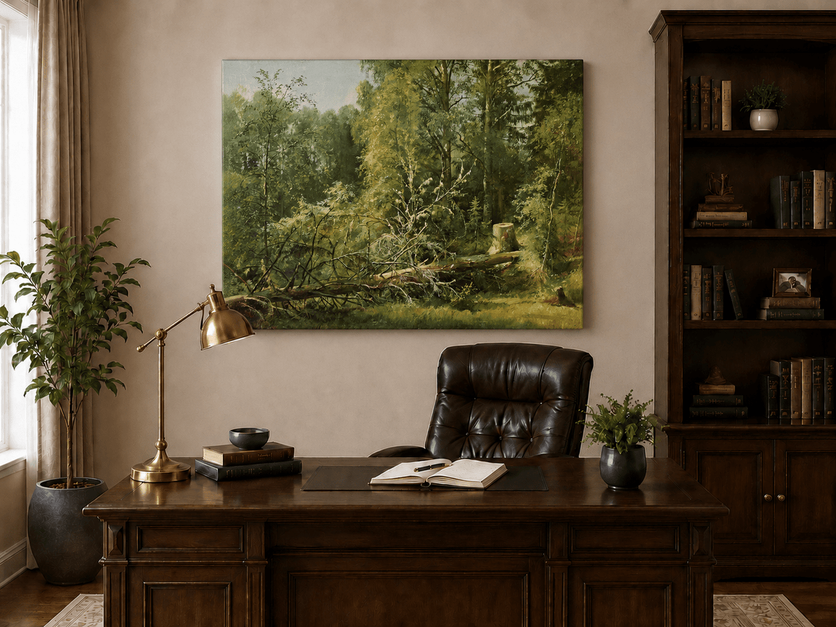 Unframed hand-painted woodland oil painting with a fallen tree in a sunlit forest displayed above a traditional home office desk.
