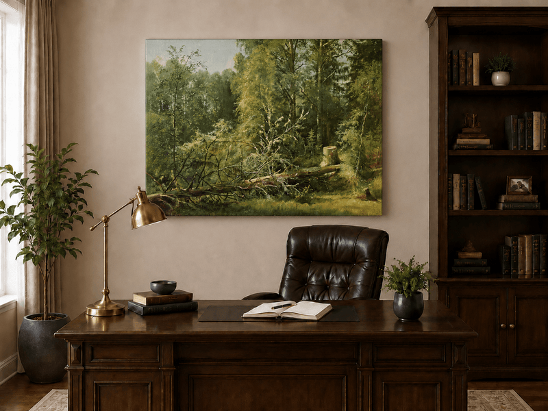 Unframed hand-painted woodland oil painting with a fallen tree in a sunlit forest displayed above a traditional home office desk.