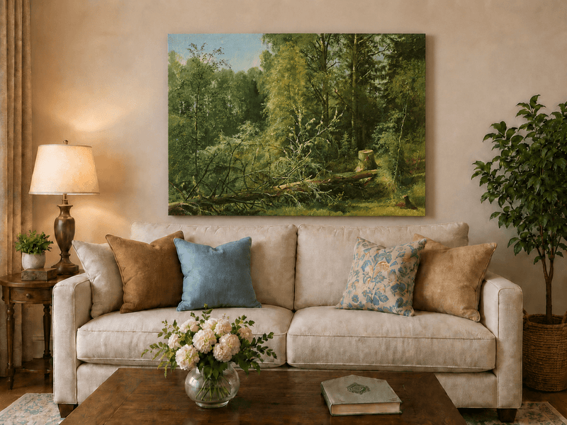 Unframed hand-painted woodland oil painting with a fallen tree in a sunlit forest displayed above a neutral living room sofa.