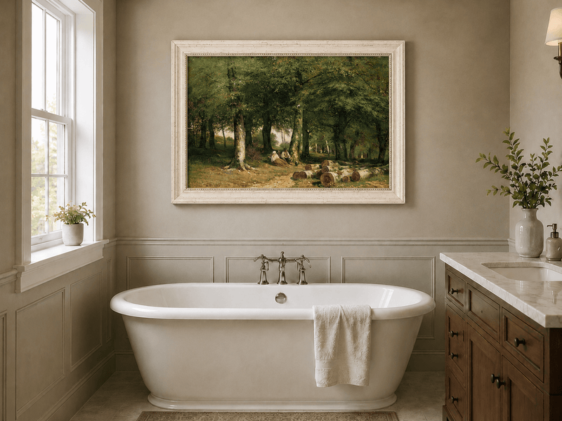 Framed hand-painted forest oil painting with figures resting near cut logs and tall trees displayed above a freestanding bathtub.