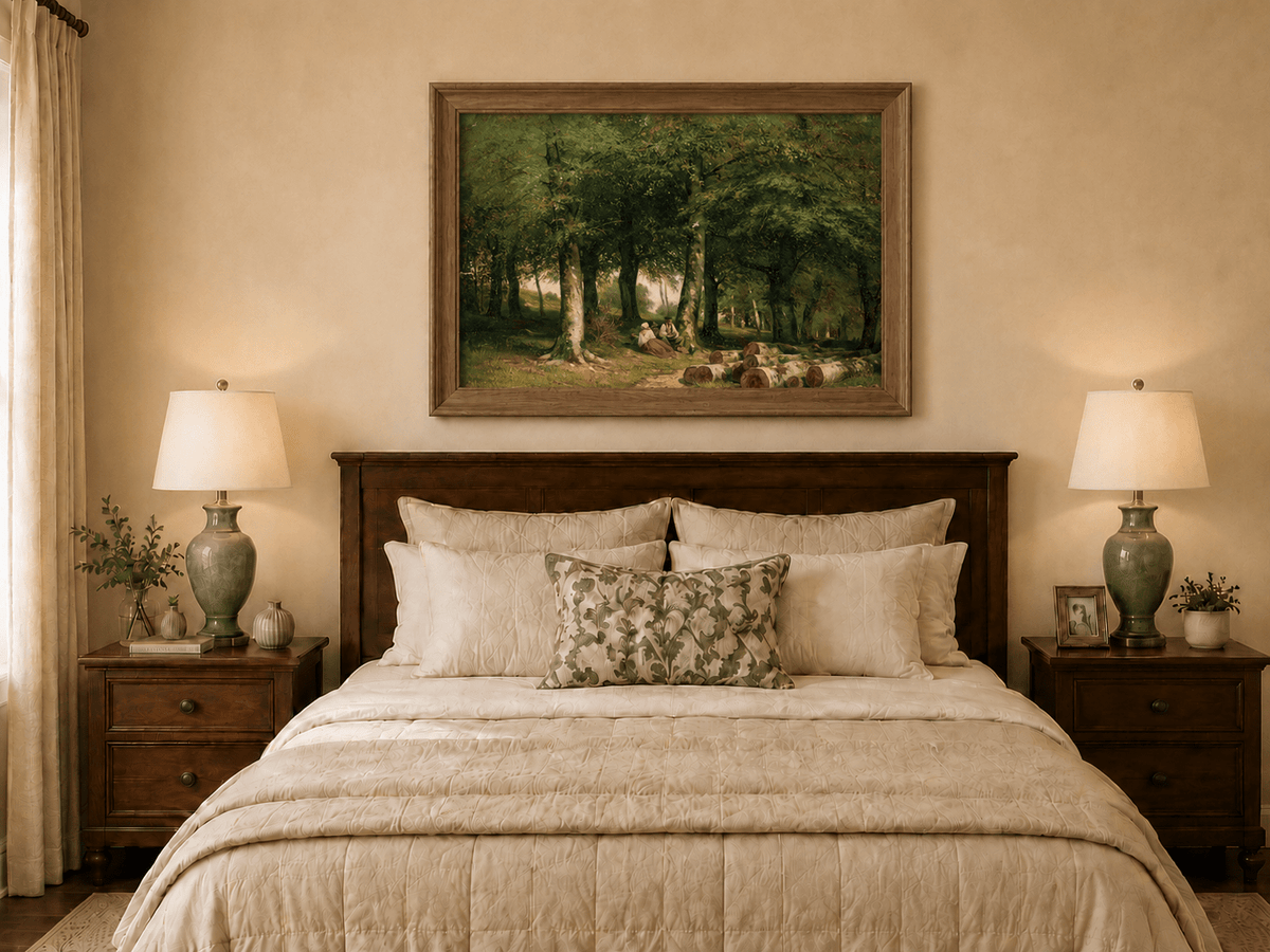 Framed hand-painted forest oil painting with figures resting near cut logs and tall trees displayed above a wooden bed in a neutral bedroom.