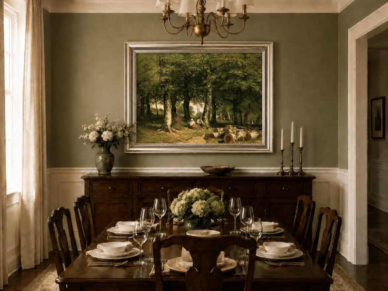 Framed hand-painted forest oil painting with figures resting near cut logs and tall trees displayed above a formal dining table.