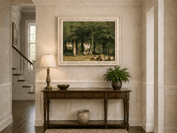 Framed hand-painted forest oil painting with figures resting near cut logs and tall trees displayed above an entryway console table.
