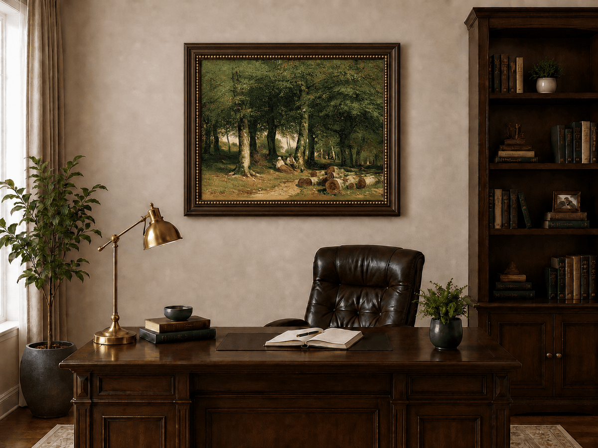 Framed hand-painted forest oil painting with figures resting near cut logs and tall trees displayed above a traditional home office desk.